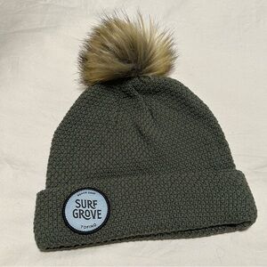 Surf Groove Knit Green Beanie with Beige Brown Puff Ball OS